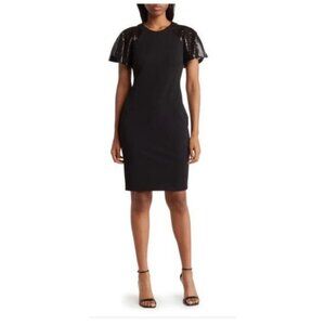 Calvin Klein Womens Black Sequin Short Sleeve Sheath Cocktail Dress Sz 8 NEW